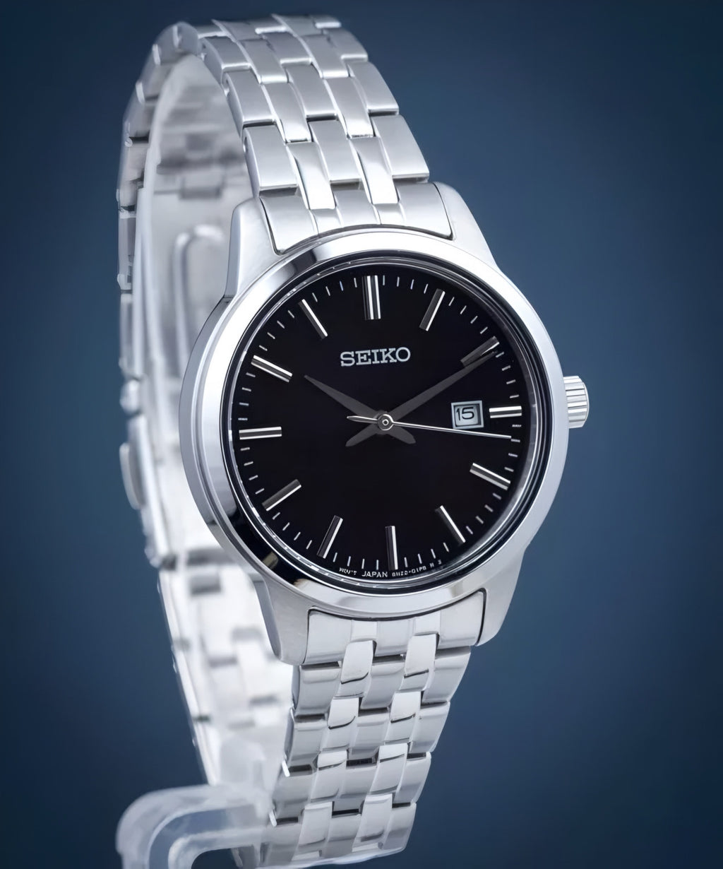 Reloj Seiko SUR409P1 Esfera Negra Pulsera Plateada Mujer