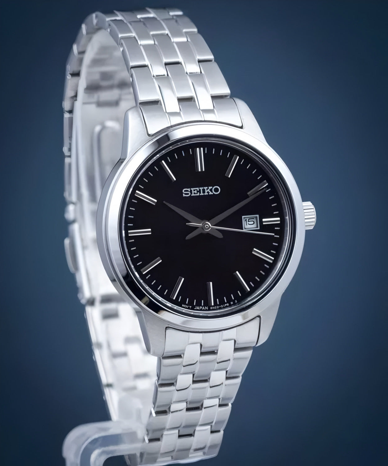 Reloj Seiko SUR409P1 Esfera Negra Pulsera Plateada Mujer